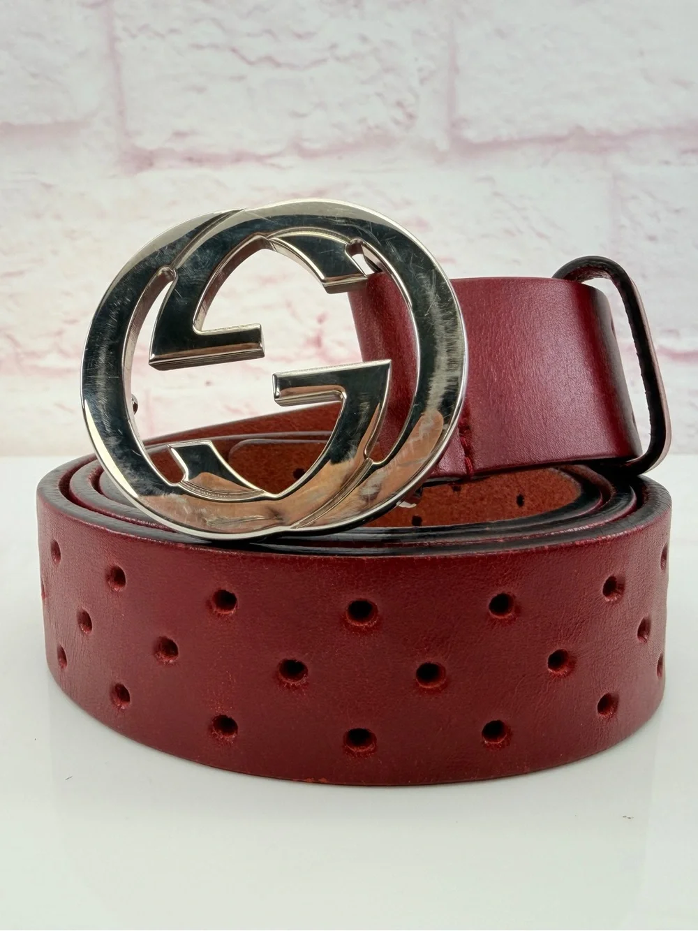Gucci Red Perforated Leather Interlocking Belt 90/36 114874